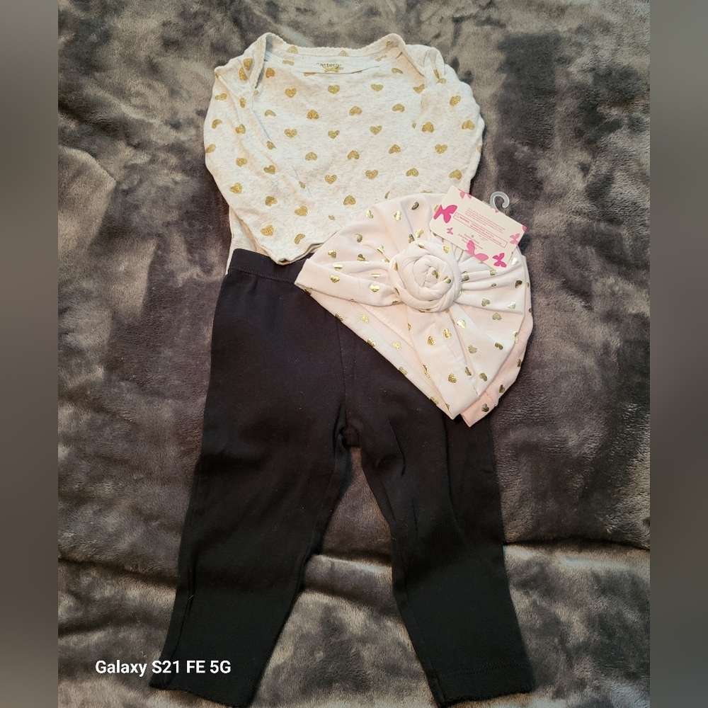 🩷 3/$15 Girls (12M) Carter's 4-piece Bundle, Onesie, Pants & 2-piece Hat Set